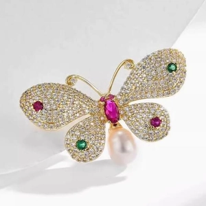 Elegant Gold Alloy Butterfly Brooch With Artificial Pearl Pendant Rhinestone Colorful Zirconia Pins For Women Wedding Banquet Jewelry
