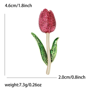 Detail view of red tulip brooch with crystal inlays and 4.6cm height measurement