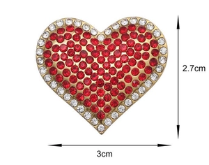 Detailed size view of a heart brooch with red rhinestones and gold alloy measuring 2.7cm x 3cm
