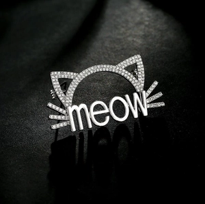 Détail macro d'une broche chat argentée avec zircons et design lettrage meow