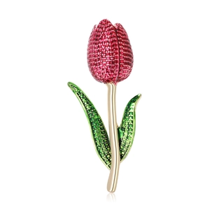 Elegant red tulip flower brooch with gold alloy stem and green enamel leaf detail