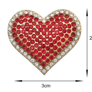 Fashionable heart brooch with red and white rhinestones on gold base, 3cm width