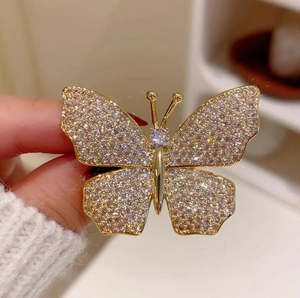 Exquisite French vintage butterfly brooch with sparkling crystals in gold finish