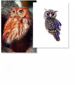 Macro detail of luxury owl brooch featuring deep blue rhinestones and vintage bronze finish