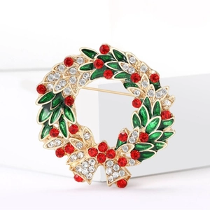 Broche Couronne de Noël en Alliage Strass Émail Goutte d'Huile Épingle Festive Cloches Nœud Bijoux de Noël Cadeau pour Femme Décoration