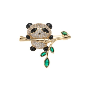 Élégante broche panda sur branche de bambou dorée avec cristaux et pierres vertes