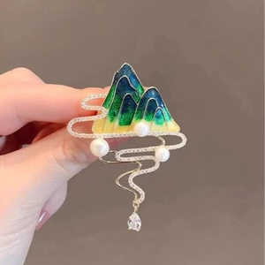 Vintage Chinese Style Mountain Enamel Brooch With Artificial Pearl Zircon Tassel Gold Alloy Landscape Pin For Women Wedding Jewelry