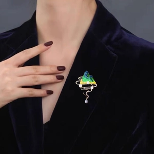 Elegant Chinese landscape mountain brooch with enamel gradients and pearl tassels