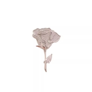 Elegant silver rose brooch with full diamond micro-paving and teardrop leaf pendant