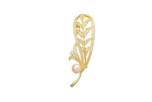 Élégante broche plume dorée avec cristaux scintillants et perle ronde pour femme