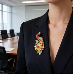 Detailed close-up of a vibrant peacock brooch pinned on a black suit jacket lapel