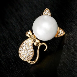 Elegant Cute Cat Brooch With Faux Artificial Pearl And Rhinestone Inlaid Alloy Animal Pin For Women Fashion Breastpin Jewelry Gift