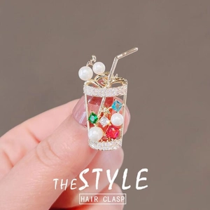 Sparkling crystal pearl juice cup brooch hair clasp with colorful rhinestones in gold tone