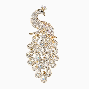 Close-up of elegant peacock brooch featuring pavé crystals and iridescent AB rhinestone accents