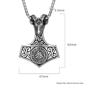 Detailed specs of Viking Mjölnir pendant with ram head in vintage stainless steel