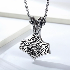 Vintage Viking Ram Head Mjölnir Pendant Necklace with Runes and Valknut Symbol