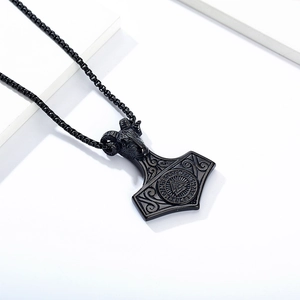 Nordic Viking ram head Mjölnir pendant necklace in black steel on minimalist white background