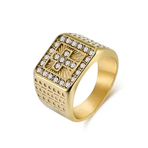 Stainless Steel Hip Hop Cross Rhinestone Ring For Men Women Punk Religious Jewelry Gold Silver Plated Square Signet Finger Ring