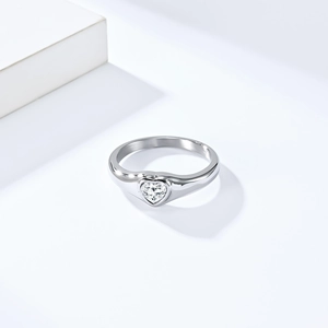 Minimalist silver stainless steel ring with polished heart shaped sparkling gemstone