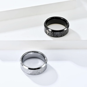 Polished tungsten cross ring with laser engraved bible verse in black and silver