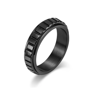 Bague rotative unisexe en acier inoxydable noir avec texture d'engrenage robuste
