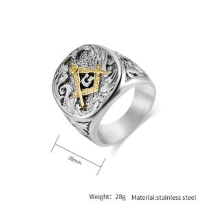 Detail view of vintage Masonic stainless steel ring with dimensions and weight specs