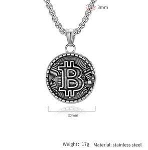 Detail showing 30mm Bitcoin coin pendant with 3mm stainless steel box chain necklace
