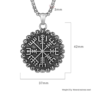 Detailed view of Vintage Viking Compass pendant in stainless steel with size measurements
