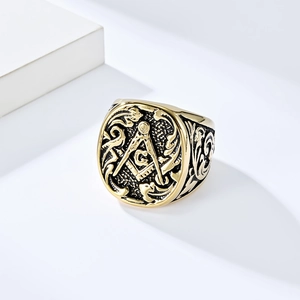 Vintage gold Freemasonry ring for men with intricate relief and compass square symbol