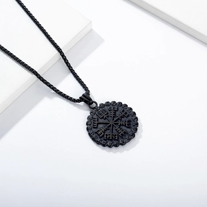 Vintage black stainless steel Viking compass necklace with Nordic runes and pearl chain