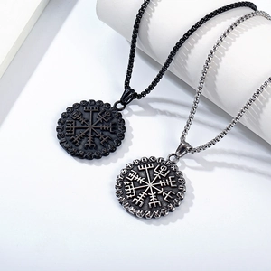 Vintage Nordic Viking compass pendant necklace in matte black and silver stainless steel