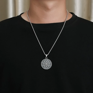 Vintage Viking Vegvisir compass pendant necklace in antique silver with rune circle