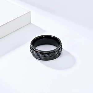 Detailed macro view of black stainless steel ring featuring dual rows of rotatable gears