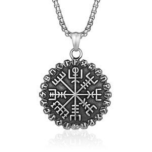 Vintage Viking Vegvisir compass necklace in antique silver finish with runic symbols