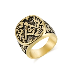 Vintage gold Freemason ring for men with compass G emblem and detailed engraving