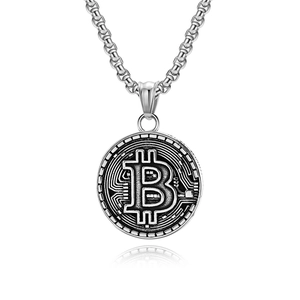 Hip hop style silver Bitcoin pendant necklace with tech-inspired circuit board design