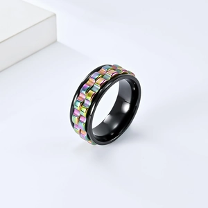 Mens rotating gear anxiety ring with iridescent chain inlay in black titanium steel