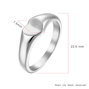 Detailed product dimensions for the stainless steel heart signet ring with size markings
