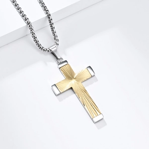 Zweifarbige Hip-Hop Kreuzkette in Gold und Silber mit strahlender Sonnenstrahl-Textur