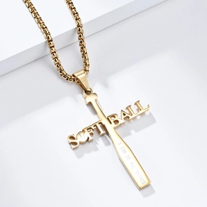 Collier croix baseball en acier doré avec gravure softball et texte de motivation