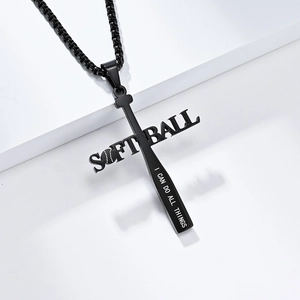 Collier croix batte de softball en acier noir avec gravure I CAN DO ALL THINGS