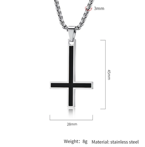Detailed specs of the inverted cross pendant with 45x28mm size and 3mm box chain