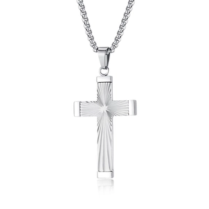 Minimalistische silberne Edelstahl-Kreuzkette mit Sonnenstrahl-Gravur für Herren