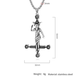 Detailed view of gothic Satanic goat Baphomet and inverted cross pendant in stainless steel