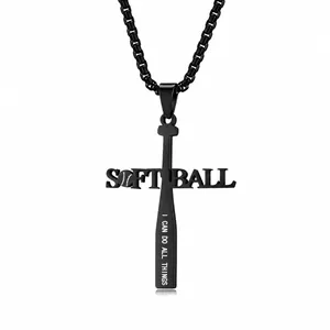 Collier Croix Batte de Baseball en Acier Inoxydable pour Hommes Pendentif Sportif Inspirant Chaîne Vénitienne Bijoux Religieux