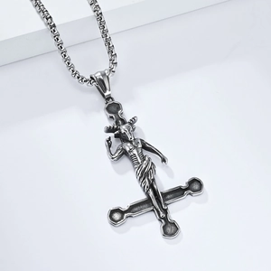 Retro stainless steel gothic Satan Baphomet inverted cross pendant necklace for men