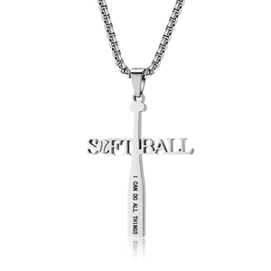 Collier croix softball en acier argenté avec batte de baseball et gravure inspirante