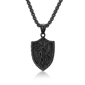 Collier Pendentif Bouclier Archange Saint Michel En Acier Inoxydable Bijoux Vintage Religieux Gothique Pour Hommes