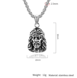 Silver Jesus pendant in stainless steel with 30x20mm dimensions and 2.5mm chain width