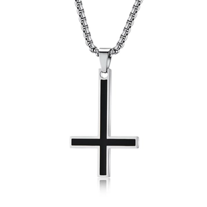 Polished stainless steel inverted cross pendant necklace with black enamel center inlay